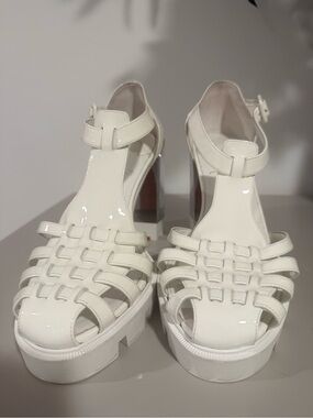 💯 Authentic Louboutin sz 42/ 12 White Patent Platform Heeled Sandals - Women